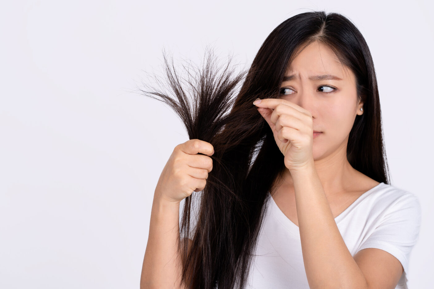 Split ends, Woman with hair problems - brittle, damaged, dry, dirty and loss hair concept