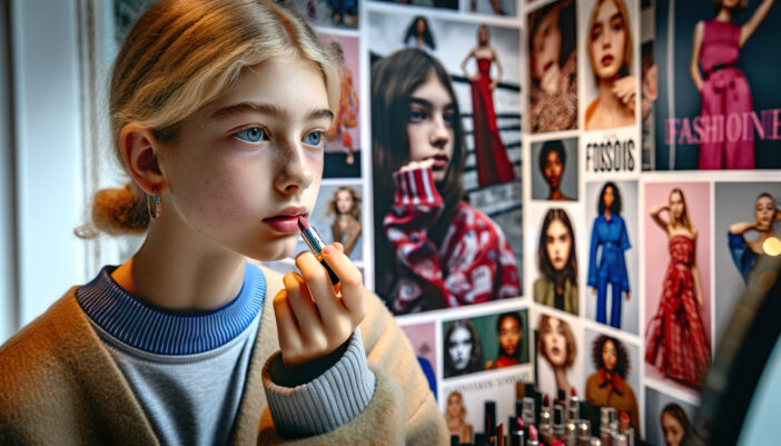 Young girl putting on lipstick in her bedroom with posters of role models on her wall. If pre-teens and teenagers have an unhealthy body image, they might be self-critical and unhappy