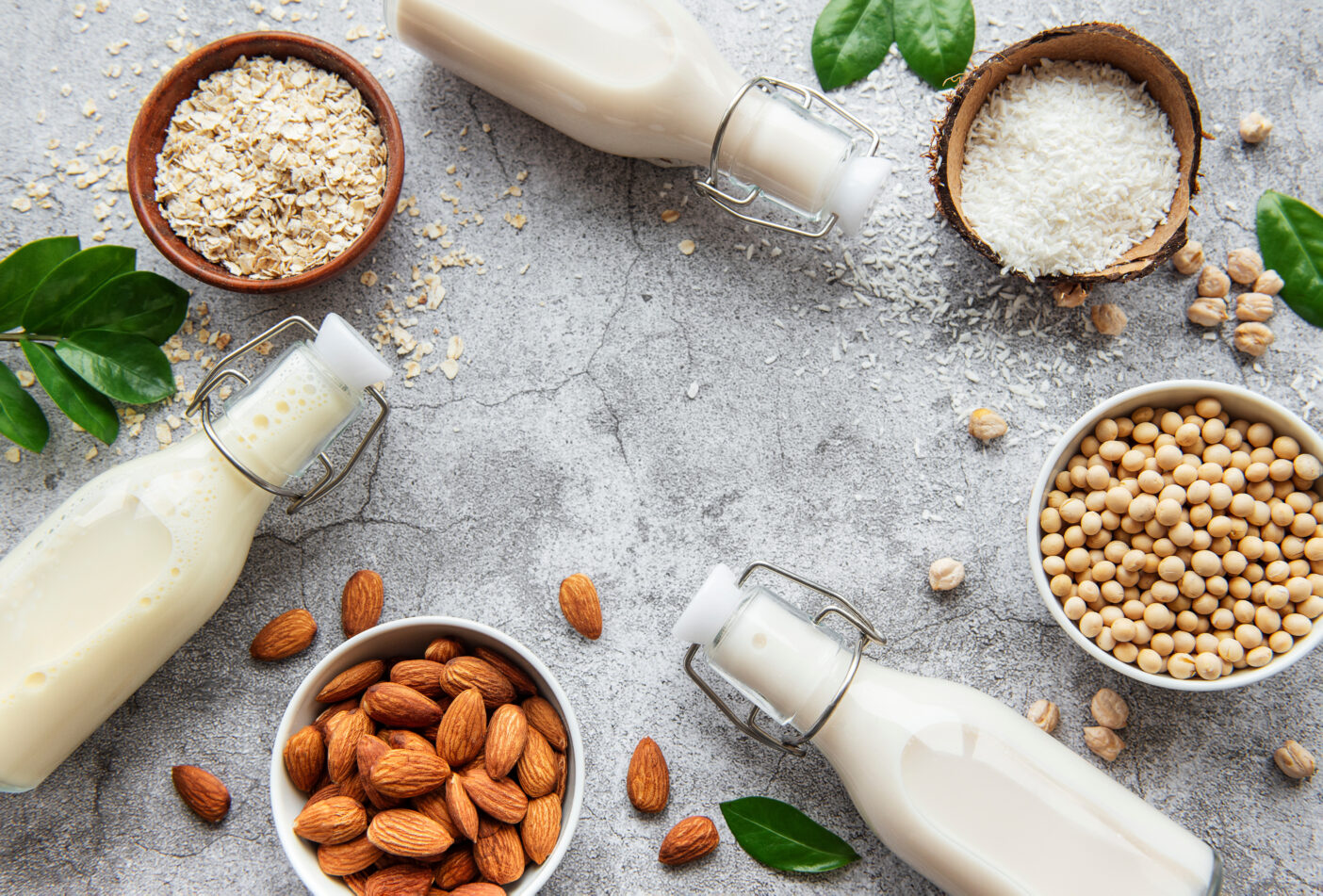 Verschiedene Sorten veganer Milch in Glasflaschen vor einem Betonhintergrund. Draufsicht
